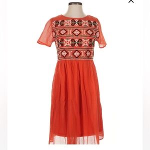 Zara orange mesh embroidered Geometric babydoll  Dress M